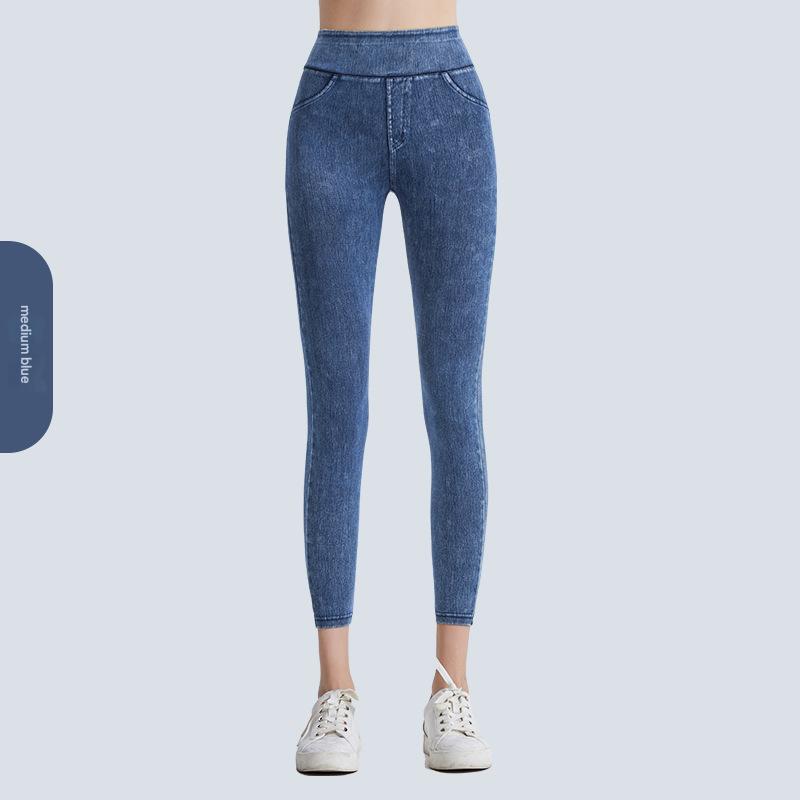 New hot-selling European and American high-waisted imitation jeans for women tight and thin hip lift, abdominal elastic outer wear, double pocket fitn