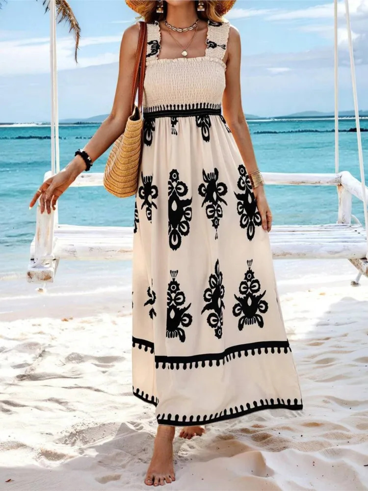 Summer Sexy Halter Beach Holiday For Womens Sundress Fashion Printed Elastic Chef Simple Elegant Female Party Dresses 250113