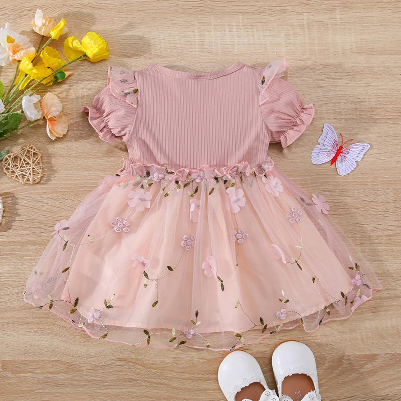 Summer Baby Girls Princess Dress 03Y Floral Embroidery Infant Mesh Toddler Puff Sleeve Clothes Cute Tulle Costume 250117