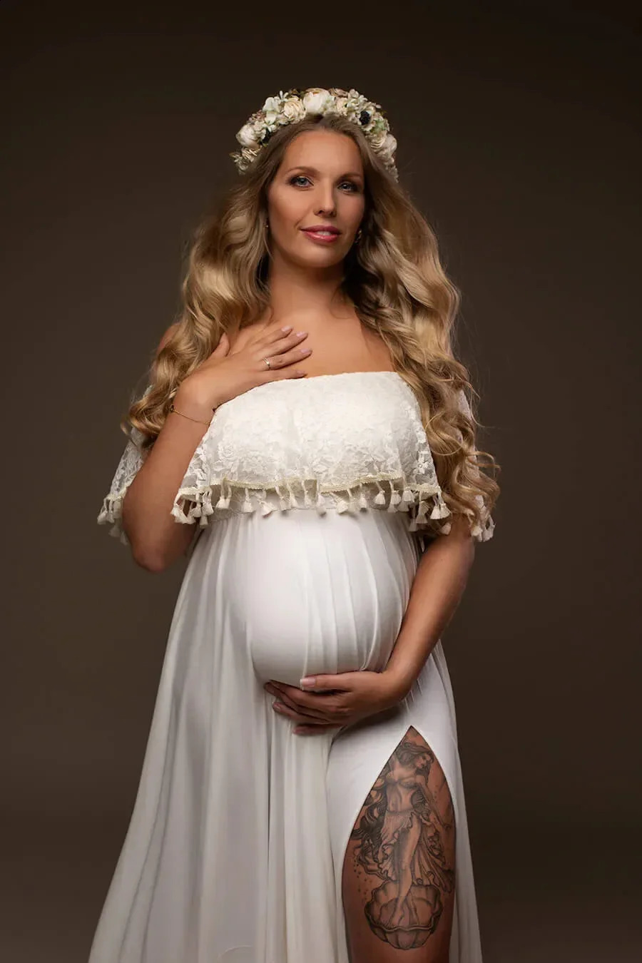 One Line Neckline Tassel Pregnant Woman Pography Dress Milk Silk Floor Mopping Pregnant Woman Po Taking Long Dress 250116