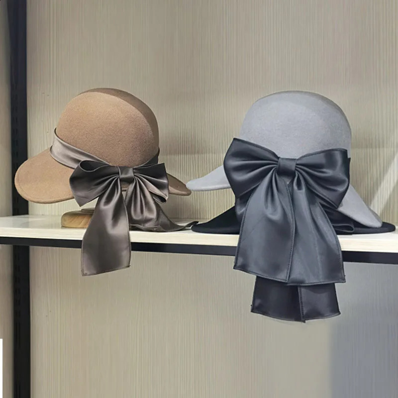 Winter Cloche Round Hat for Women Wool Fedora Hats Warm Wide Bim Floppy Ribbon Bowknot Church Dress Felt Bucket 250118