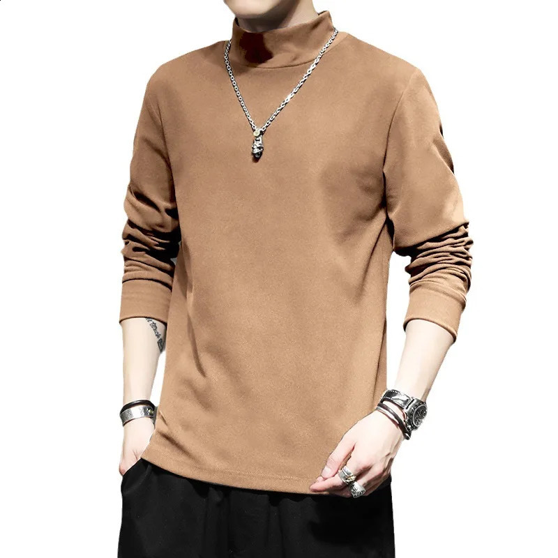Autumn Mens TShirts Spring High Collar Slim Tee Shirt Long Sleeve Solid Color De Rong Warm Basic Tops Man Undershirts 250122
