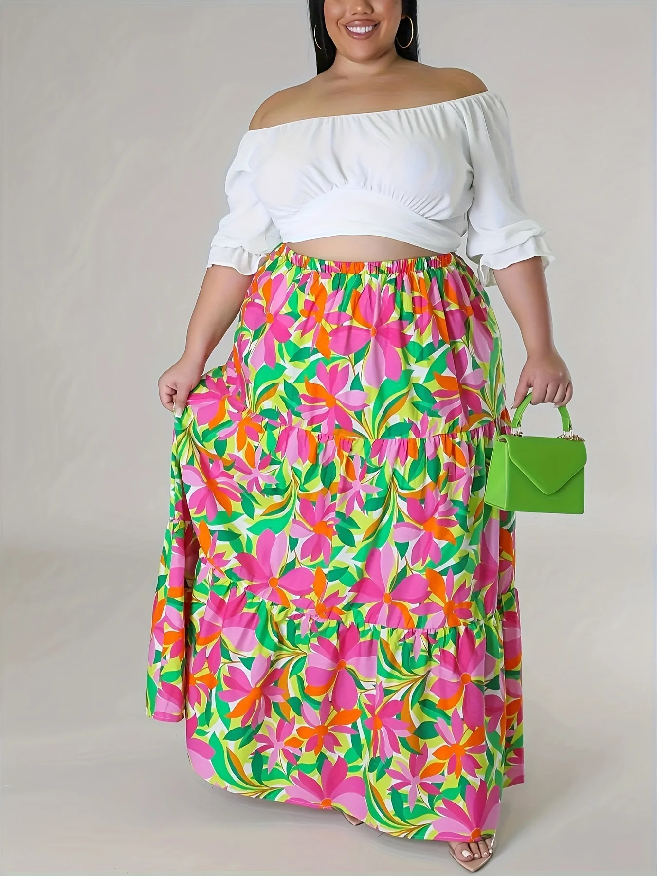 Plus size spring and summer elegant good to wear with floral print skirt loose version of thin cover meat cool breathable fabric 250121