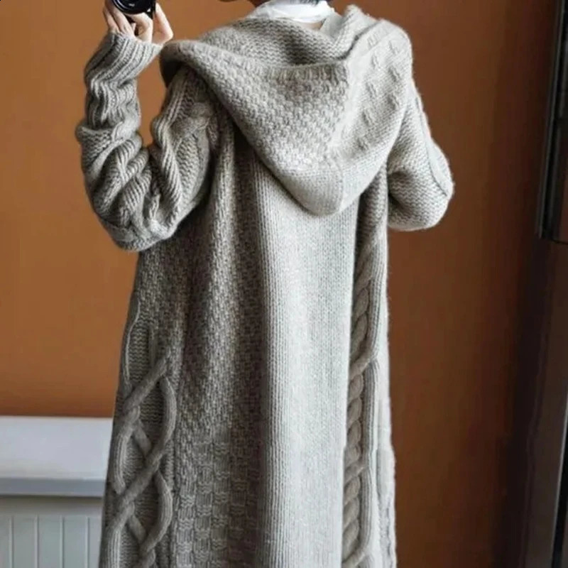 Women Sweater Midi Cardigans Autumn Winter Knitted Jackets Long Sleeve Korean Loose Hooded Coats Oversized Casual Basic 250118