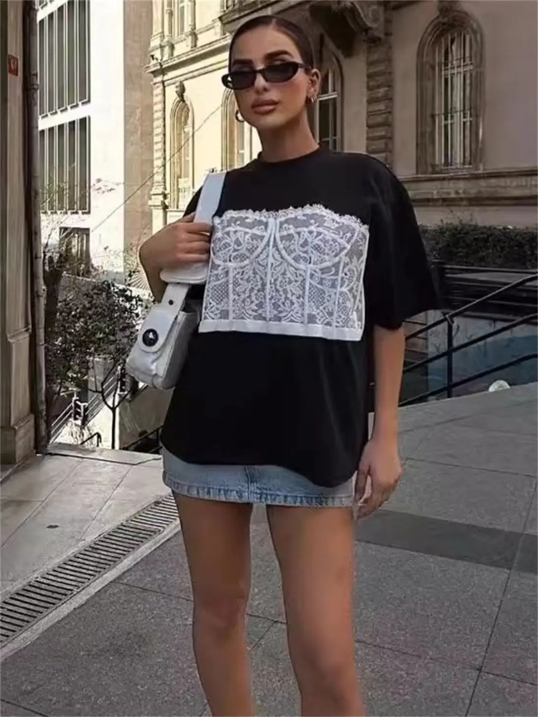 American retro national trend loose and versatile casual street pure cotton short-sleeved with chic printed tie tops 250118