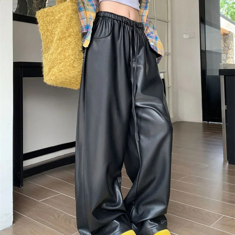 Lucyever American Black PU Leather Pants Women Autumn Winter Streetwear High Wiast Straight Pants Woman Baggy Wide Leg Trousers 250117