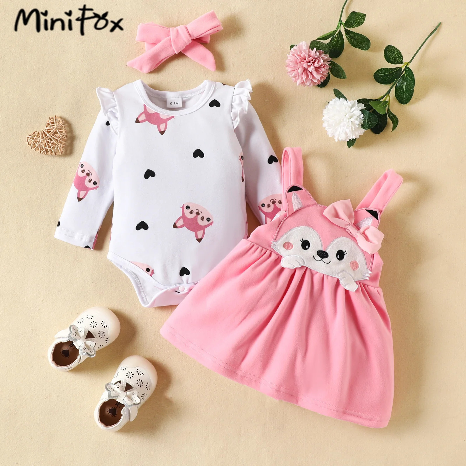 Prowow Cute Fox Baby Dresses 3pcs Set Heart Print RomperSuspender Dress For Girls Fall Winter born Girl Clothes 250117