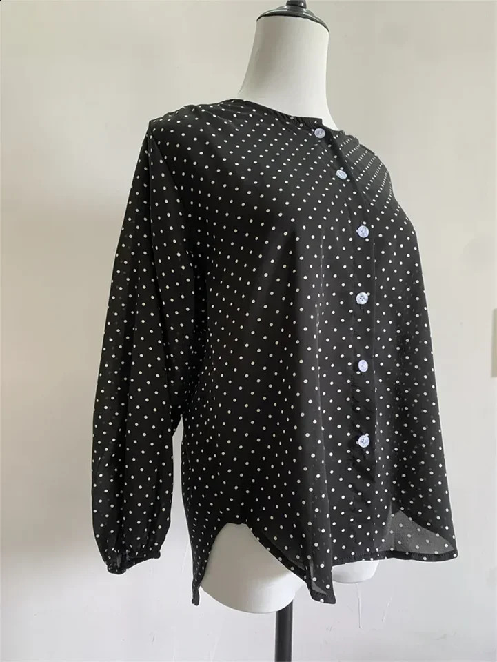 O Neck Dot Print Chiffon Shirt For Women Casual Tops Autumn Long Sleeve Buttonup Ladies Blouses Korea Chic Streetwear shirt 250122