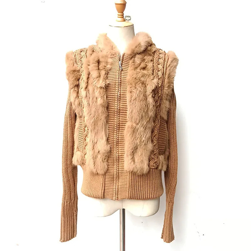 Women Winter Real Rabbit Fur Coat With Hood Long Sleeve Fashion Warm Female Hooded Genuine Jacket Outwear 250115