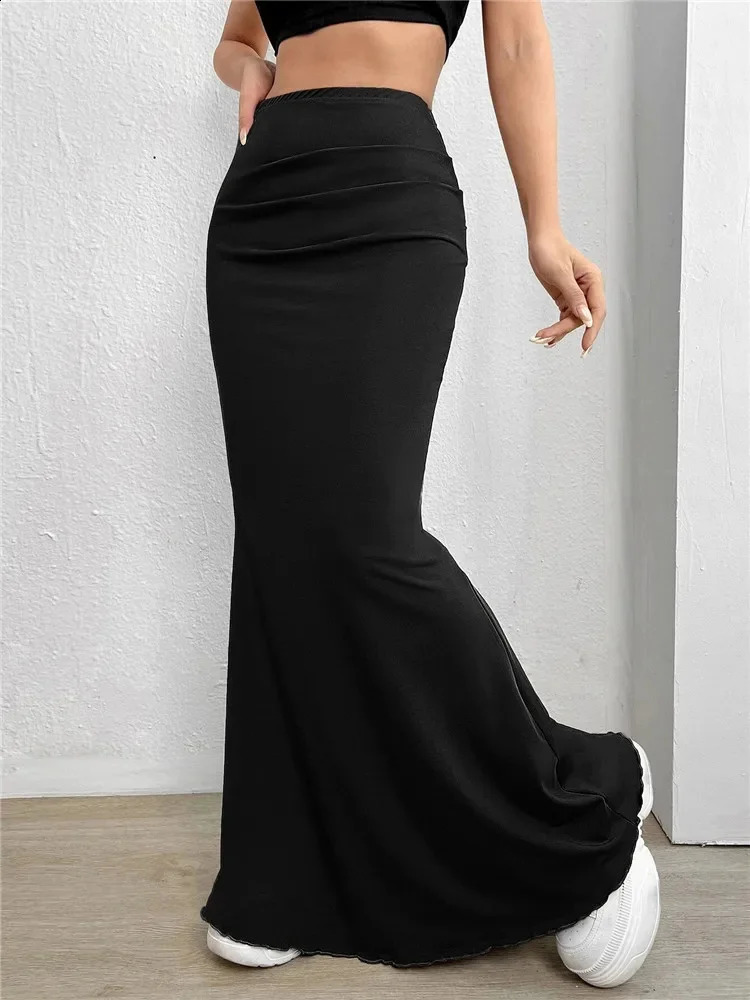 Solid Bodycon Ruched Long Skirt Women Sexy Black Elastic Elegant High Waist Mermaid Maxi Skirts Summer Streetwear 250110