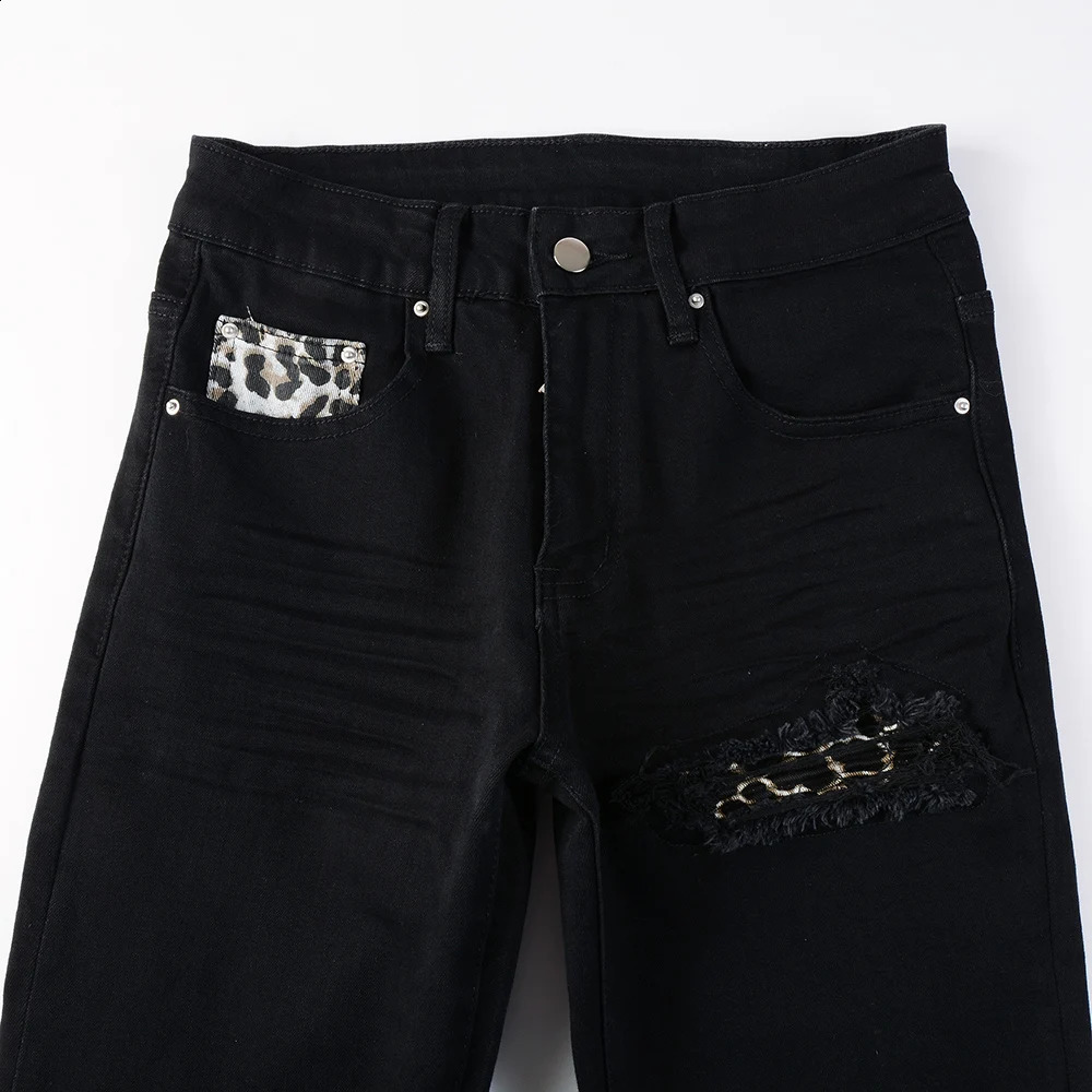 Mens Leopard Print Patch Jeans Streetwear Black Stretch Denim Skinny Tapered Pants Punk Ripped Patchwork Trousers 250120