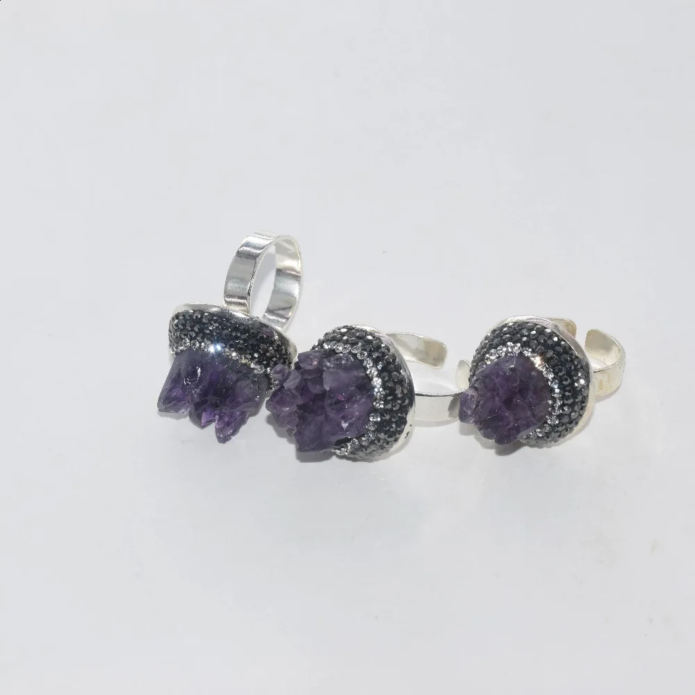 Uruguay Amethyst Purple Raw crystal quartz druzy adjustable rings rhinestone paved cluster geode druzy stone rings women 250121