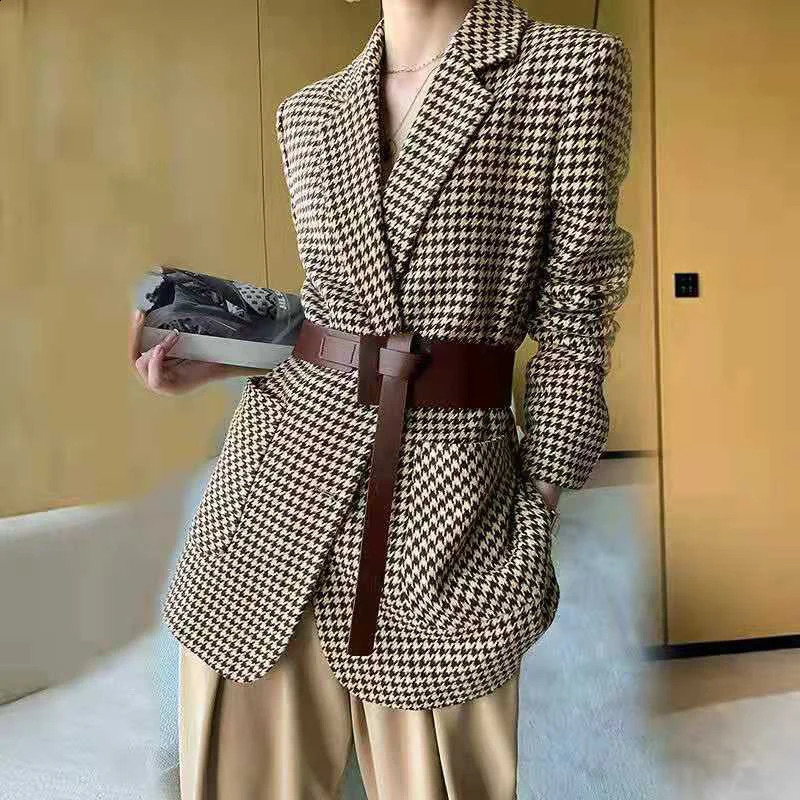 Korean Vintage Coat Woolen Plaid Houndstooth Blazer Elegant Spring Autumn Office Lady Belt Oversize Chic Jacket Outerwear 250113