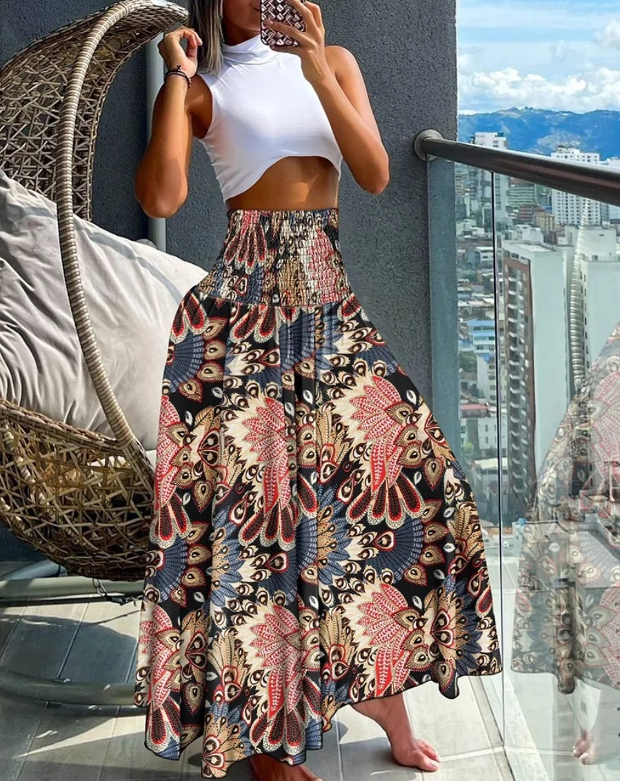 2024 Plus Size European and American Crossborder Summer Fashion Print High Waist Slim Skirt 250122
