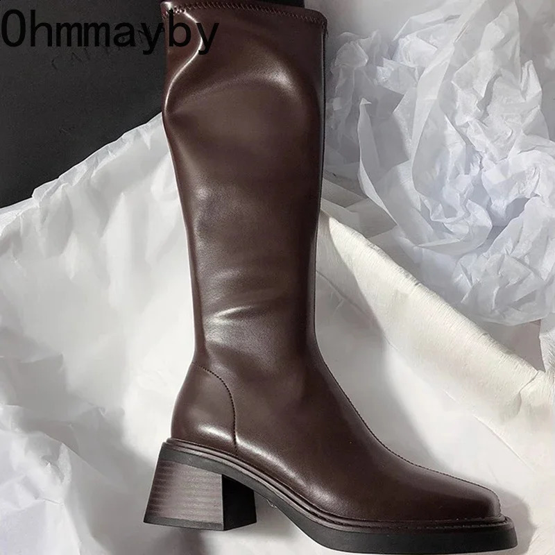 Vintage Thick Heel Women Knee High Boots Fashion Side Zippers Shoes Autumn Winter Ladies Concise Long Botas De Mujer 250118