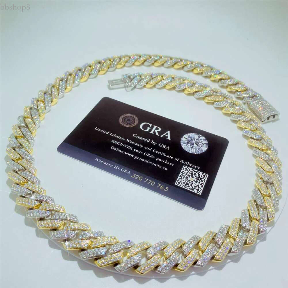 Custom Gold Plated Two Tone Miami k 14mm 2 Row Vvs Moissanite Cuban Chain Bracelet Pass Dia Test Men Necklace