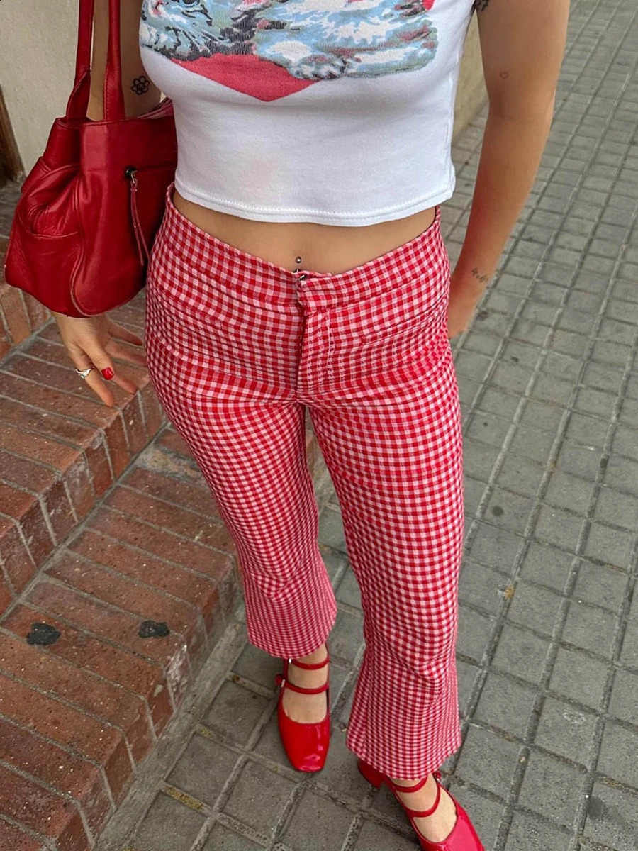 Women Checkered Trousers High Waist Plaid Pants Spring Summer Fashion Casual Sweatpants Fit Flared Leg Trendy Style 250122