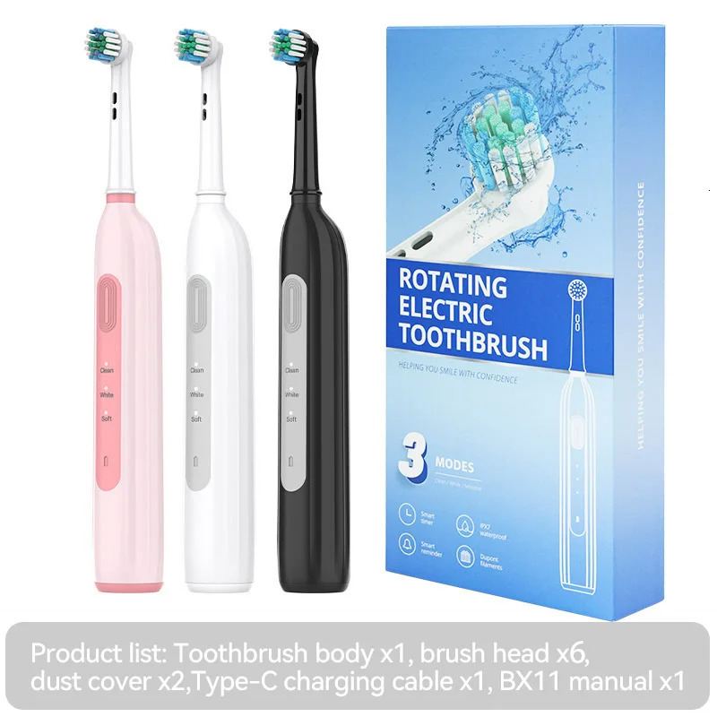 Rotating electric toothbrush suitable for adults equipped with 6 brush heads typec charging 3speed 2minute timed zoning 250115