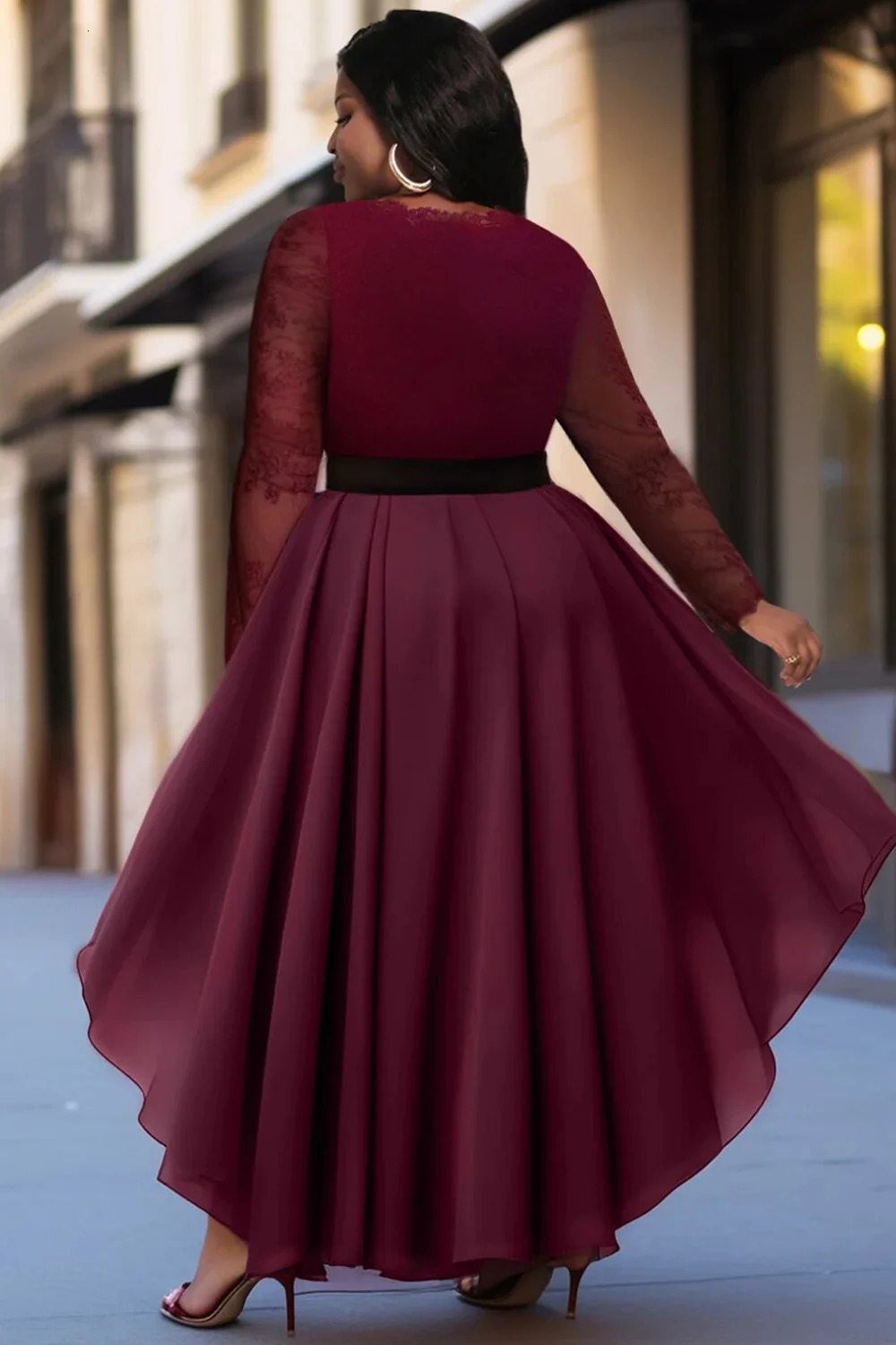 Plus Size Cocktail Party Chiffon Red V Neck Long Sleeve Tiered Asymmetric Hem Lace Midi Dresses 250121