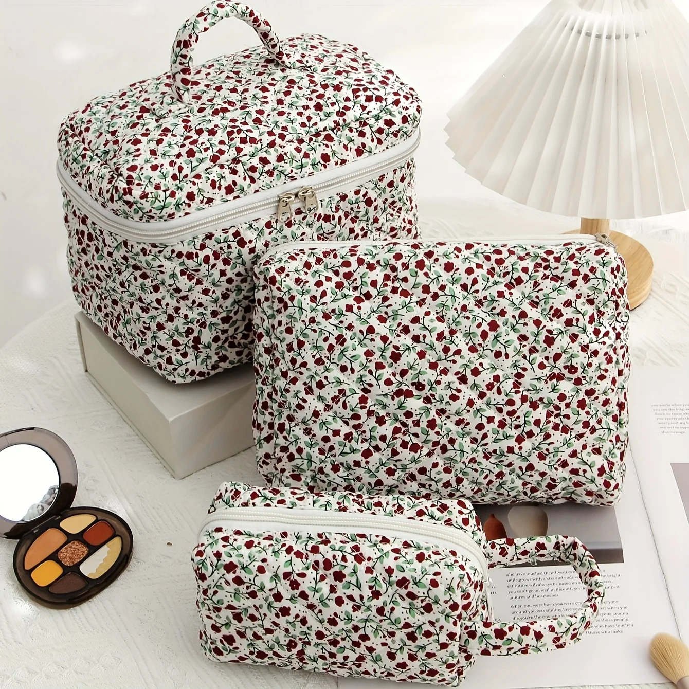 3 Pcs Cotton Quilted Makeup Bag SetFloral Makeup Bag Travel Makeup BagLarge Toiletry Cosmetic Bag Makeup Bag Organizer250114
