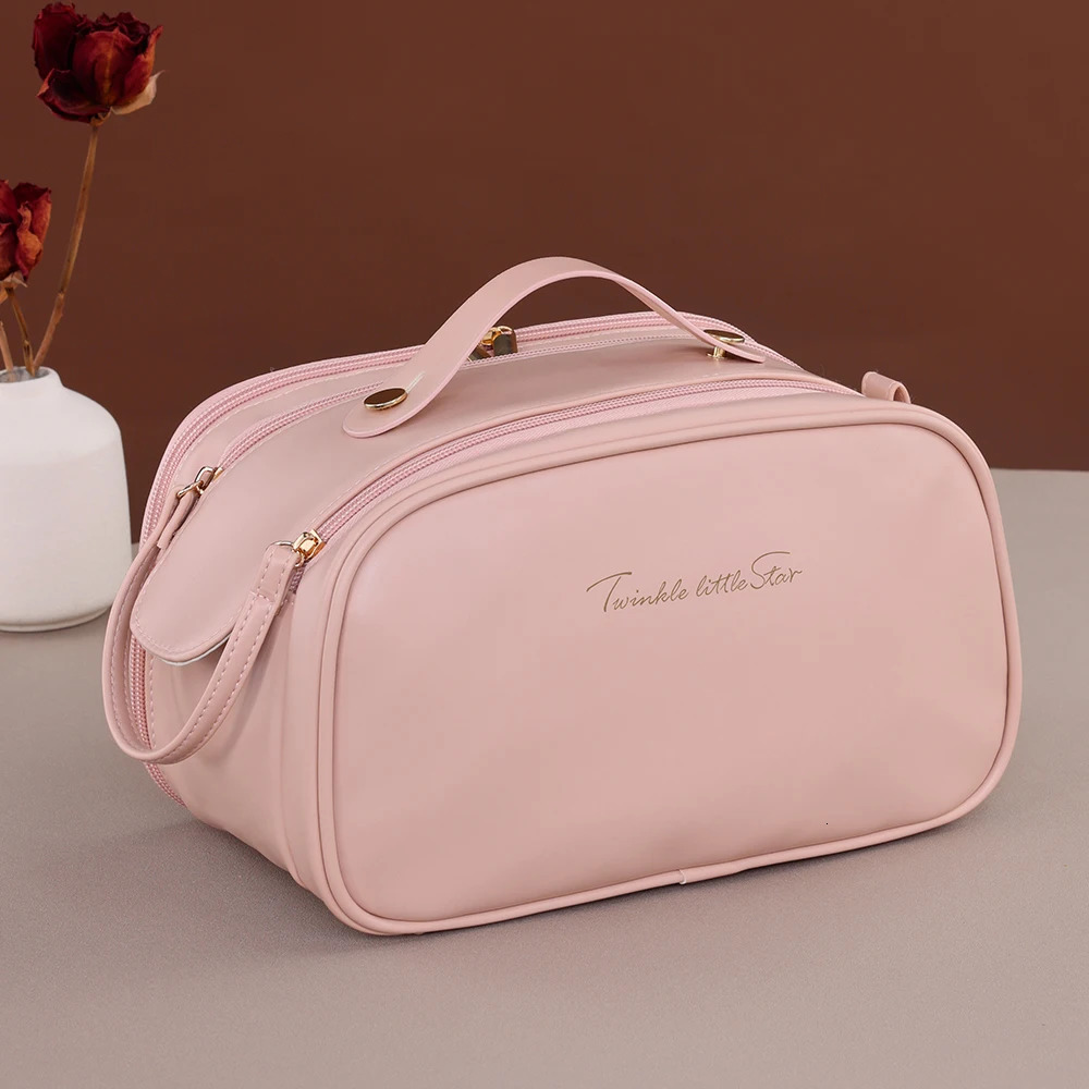 Pink Waterproof PU Leather Multifunctional Makeup Bag Double-Layer Large Capacity Portable Travel Cosmetic Bag Toiletries Storag 250731