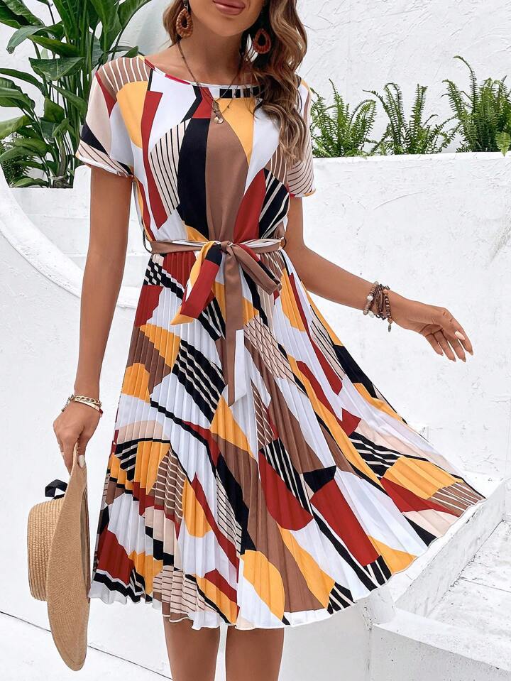 G731Summer new women's casual fashion vacation print pleated lace dress