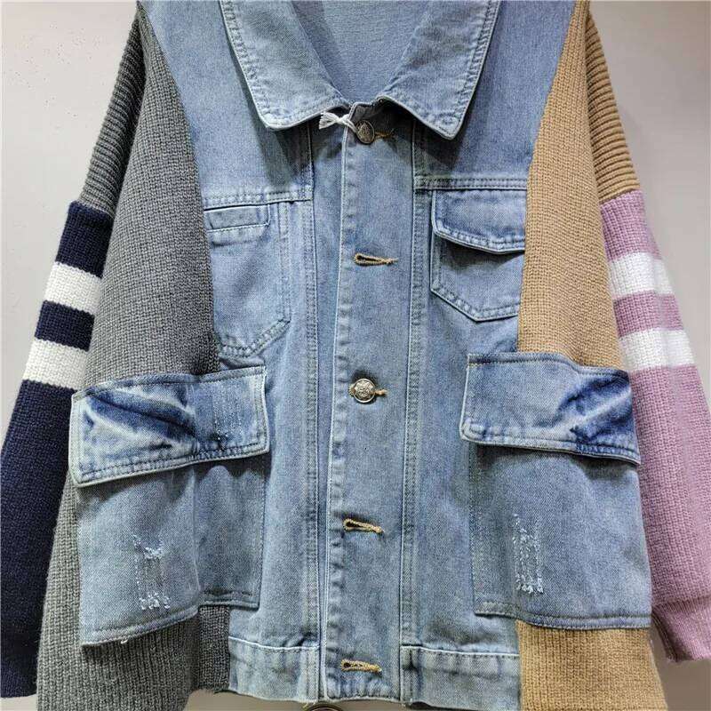 hoodie Fashion New Women's Patchwork Striped Knit Denim Coat Winter Long Sleeves Lapel Jacket Female 1LS521 jacket