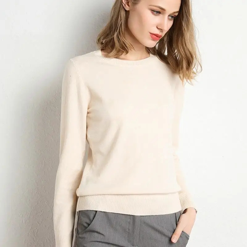 Women Merino Wool Sweater ONeck Pullover Spring Autumn Long Sleeve Knitwear Slim Solid Color Fashion Bottoming Clothing Tops 250731