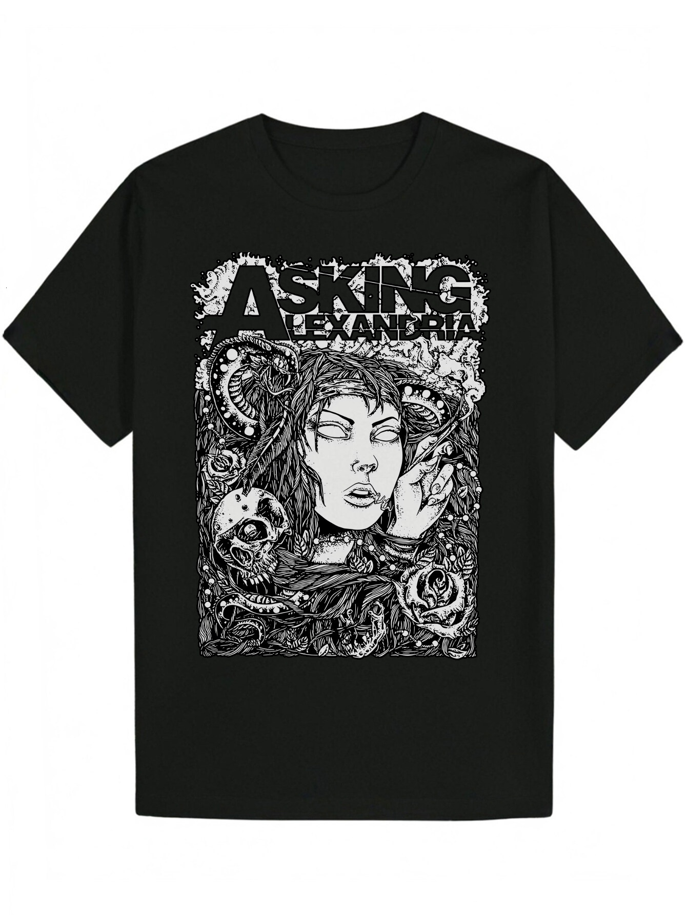 Men's Summer Casual Round Neck Polyester Pattern T-Shirt with Artistic Portrait Design - Black, Machine Washable, Regular Fit