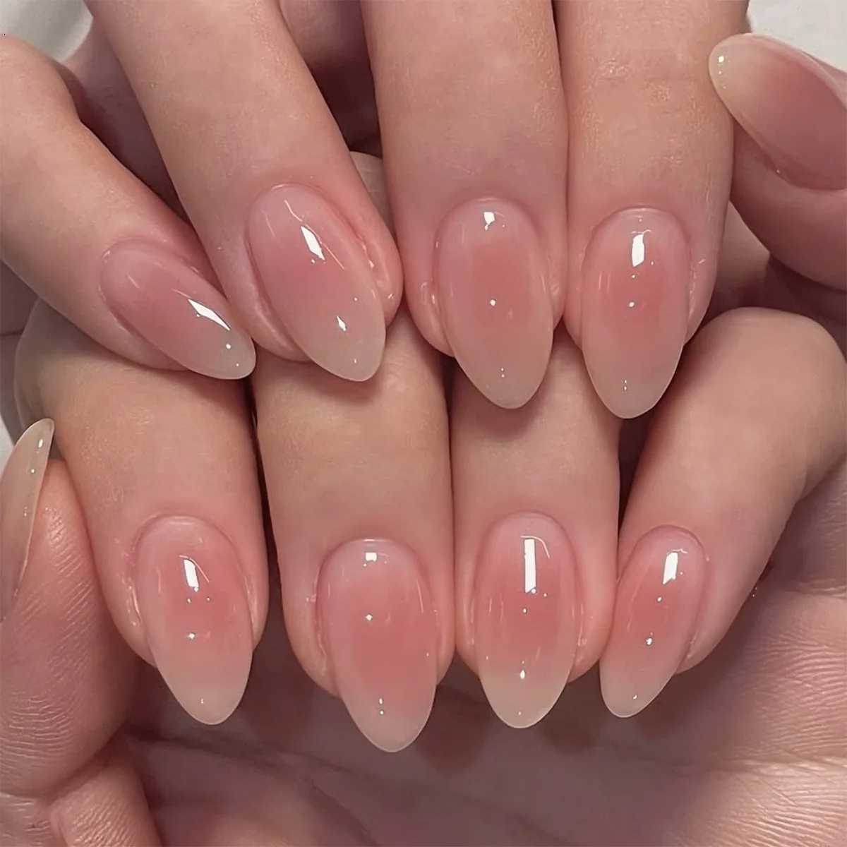 24pcs Fake Nail Sets Wearable Simple Almond False Nails with Gradient Pink Design Press on Nails Round Head Short Manicure Z250801