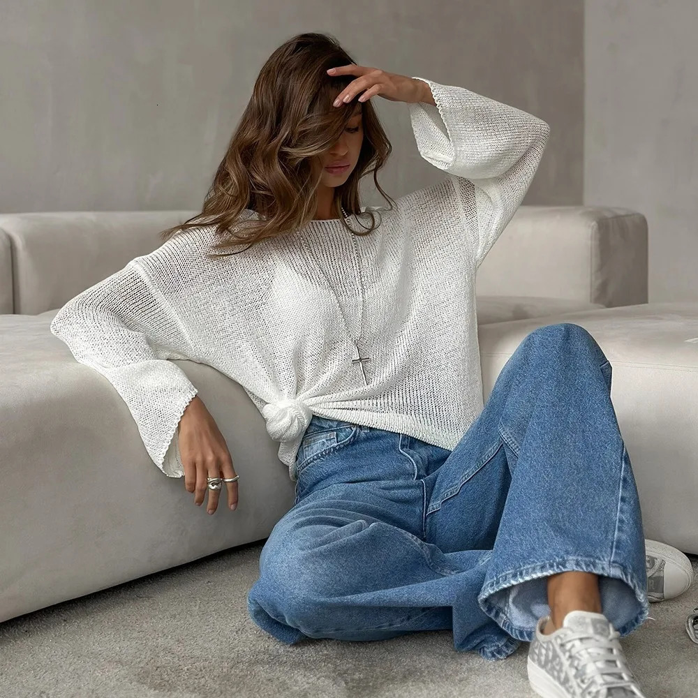 Simple Long Sleeved Cotton Knit Sweater Spring and Summer Women Micro Perspective Solid Color Versatile Elastic Loose Casual Top 250731