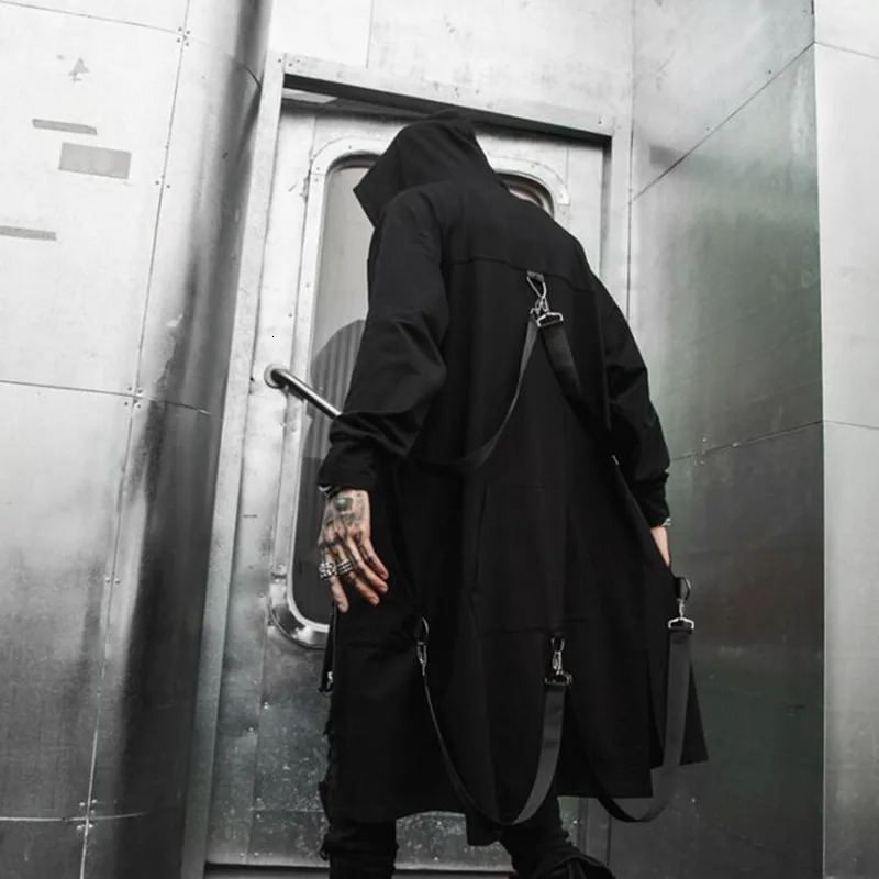 Spring autumn men ribbons patchwork punk hip hop long trench coat hooded cloak black zipper techwear jacket overcoat 250729