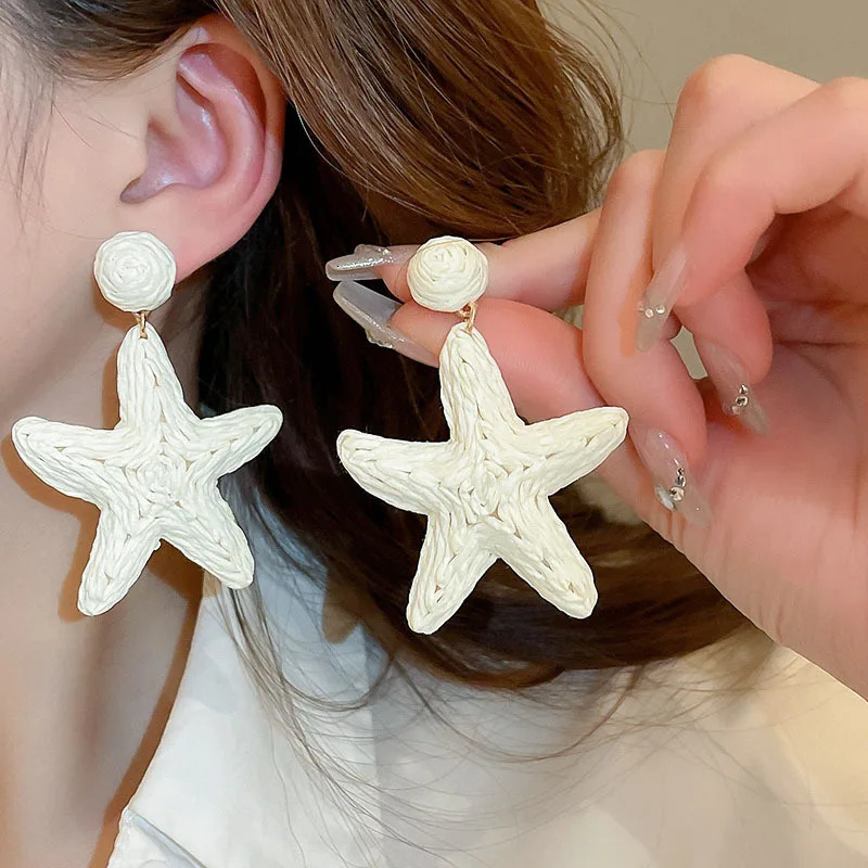 XIALUOKE Vintage Lafite Grass Weaving Colorful Sunflower Starfish Drop Earrings For Women Travel Party Summer Beach Jewelry 250730