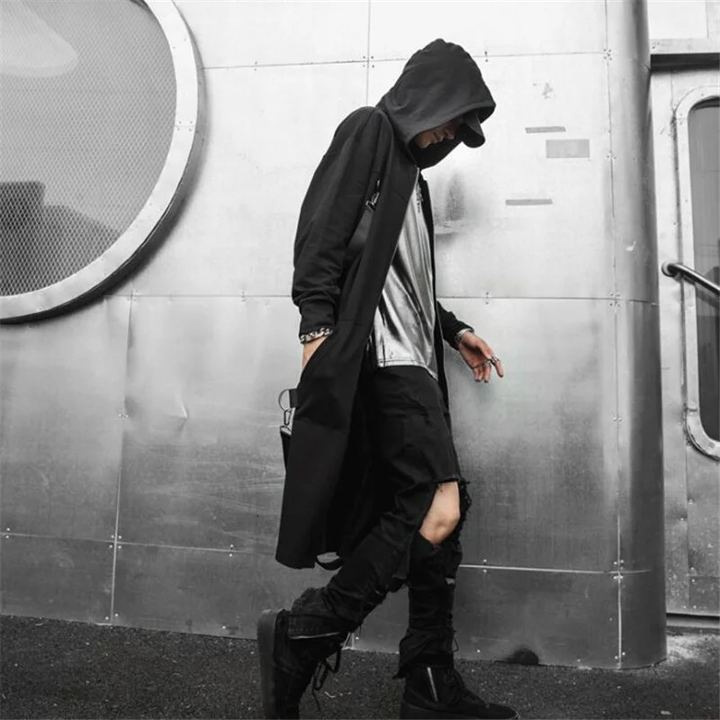Spring autumn men ribbons patchwork punk hip hop long trench coat hooded cloak black zipper techwear jacket overcoat 250729