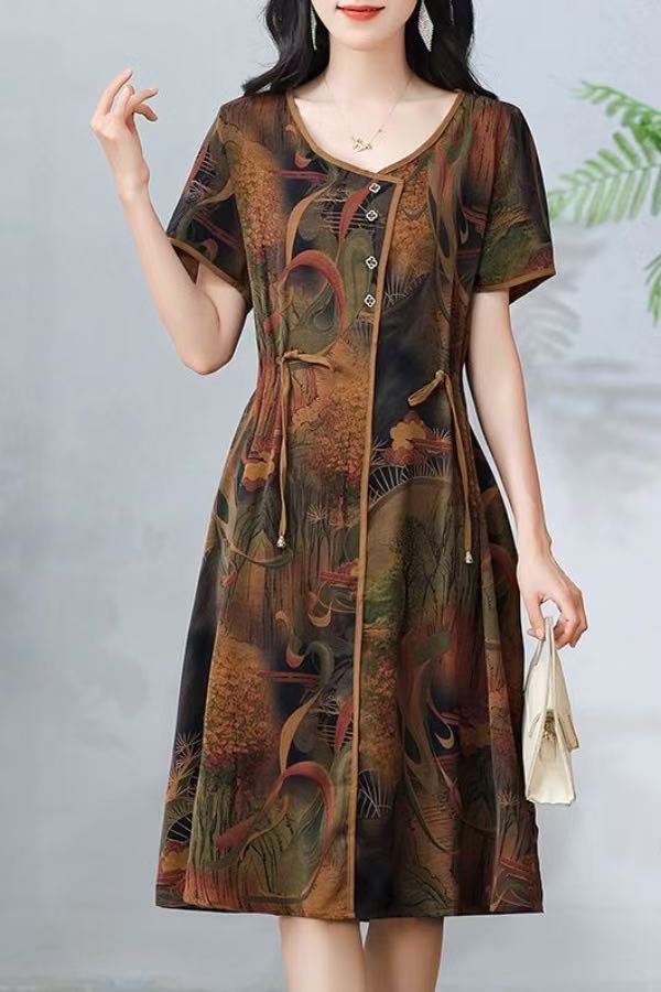 plus size women's new long sleeve high waist printed banquet dress mid-length skirt D02439