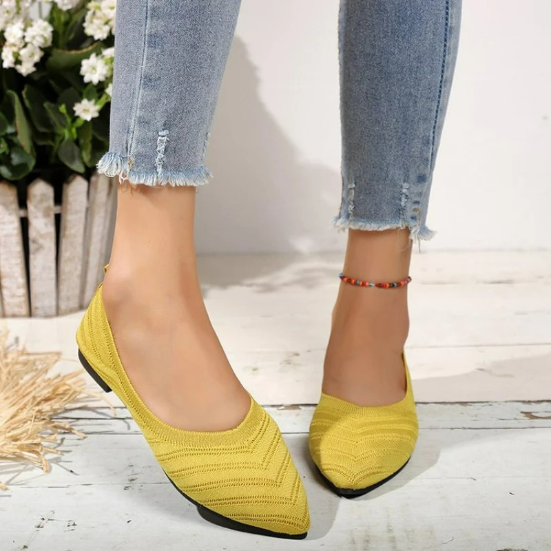 Womens Shoes Pointed Toe Flat Shoes Solid Color Knitted Women Loafers Breathable Slip on Shoes Shallow Casual Shoe 250731