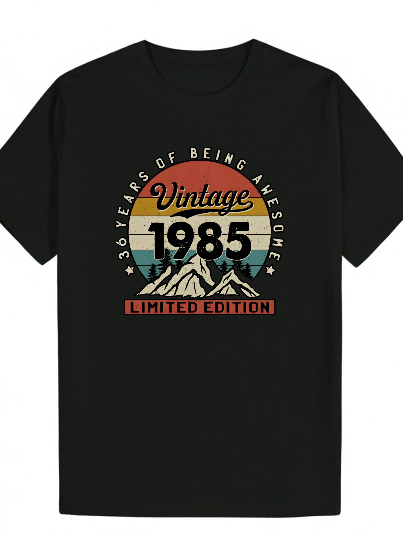 Men's 1985 Limited Edition Graphic - Casual Crew Neck, Short Sleeve, Polyester T-Shirt with Mountain and Sunrise Design, Suitable for Summer Wear