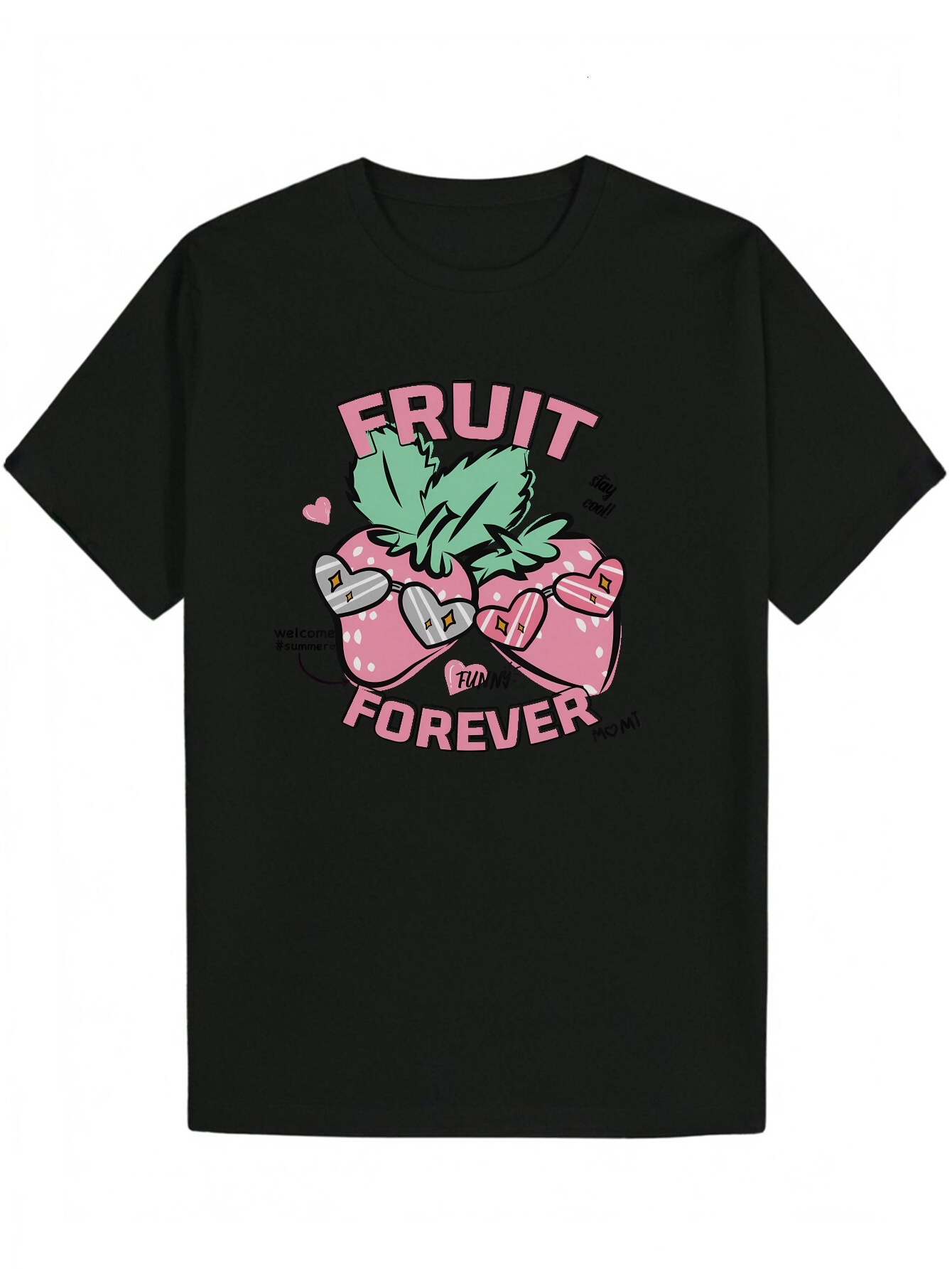 Men's Short Sleeve T-Shirt - Black with Pink 'Forever Fruit' and Strawberry Pattern, 100% Polyester, Lightweight 180gsm, Crew Neck, Mac