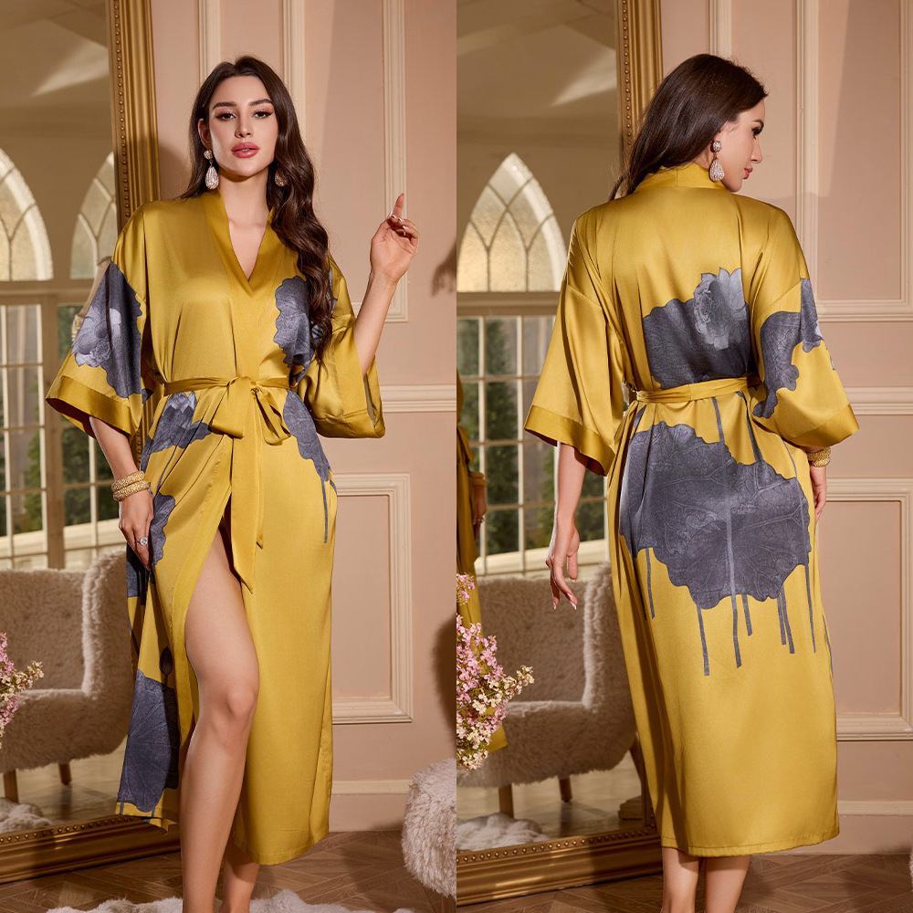 Light luxury women's clothing, long-sleeved ice silk pajamas women's spring and autumn dressing gowns V-neck loose home clothes