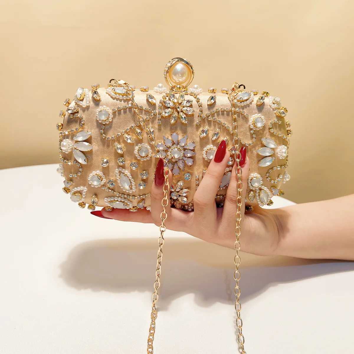 Vintage Style Embroidery Satin Evening Bags Rhinestones Party Small Clutch Handbags Metal Pearl Diamonds Flap Golden Purse Y250731