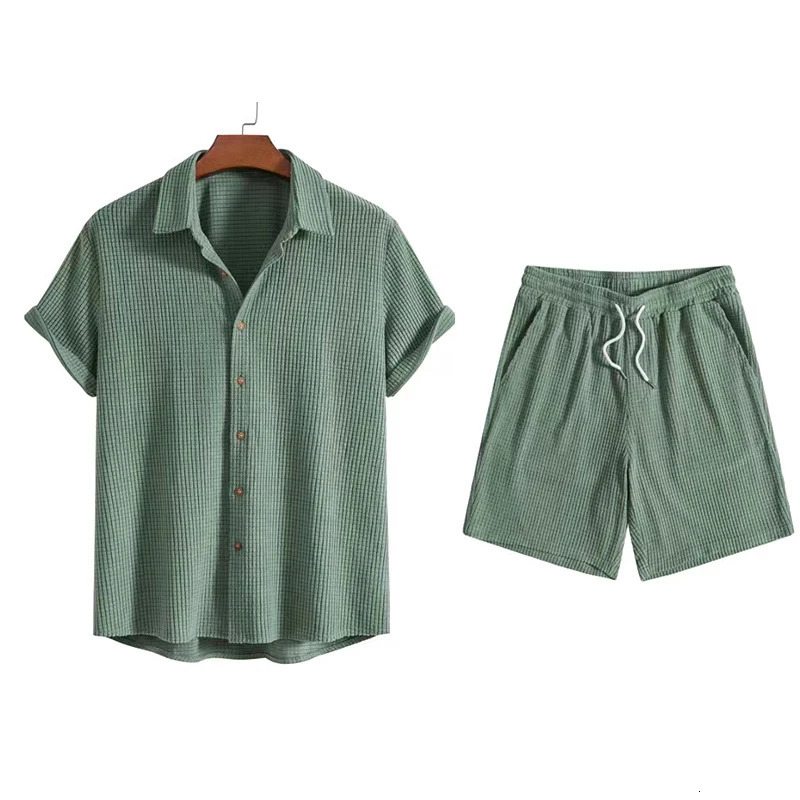 Men Corduroy Suits Solid Color Short Sleeve Lapel Button Shirts And Shorts Two Piece Sets Fashion Streetwear Mens Casual Outfit 250724