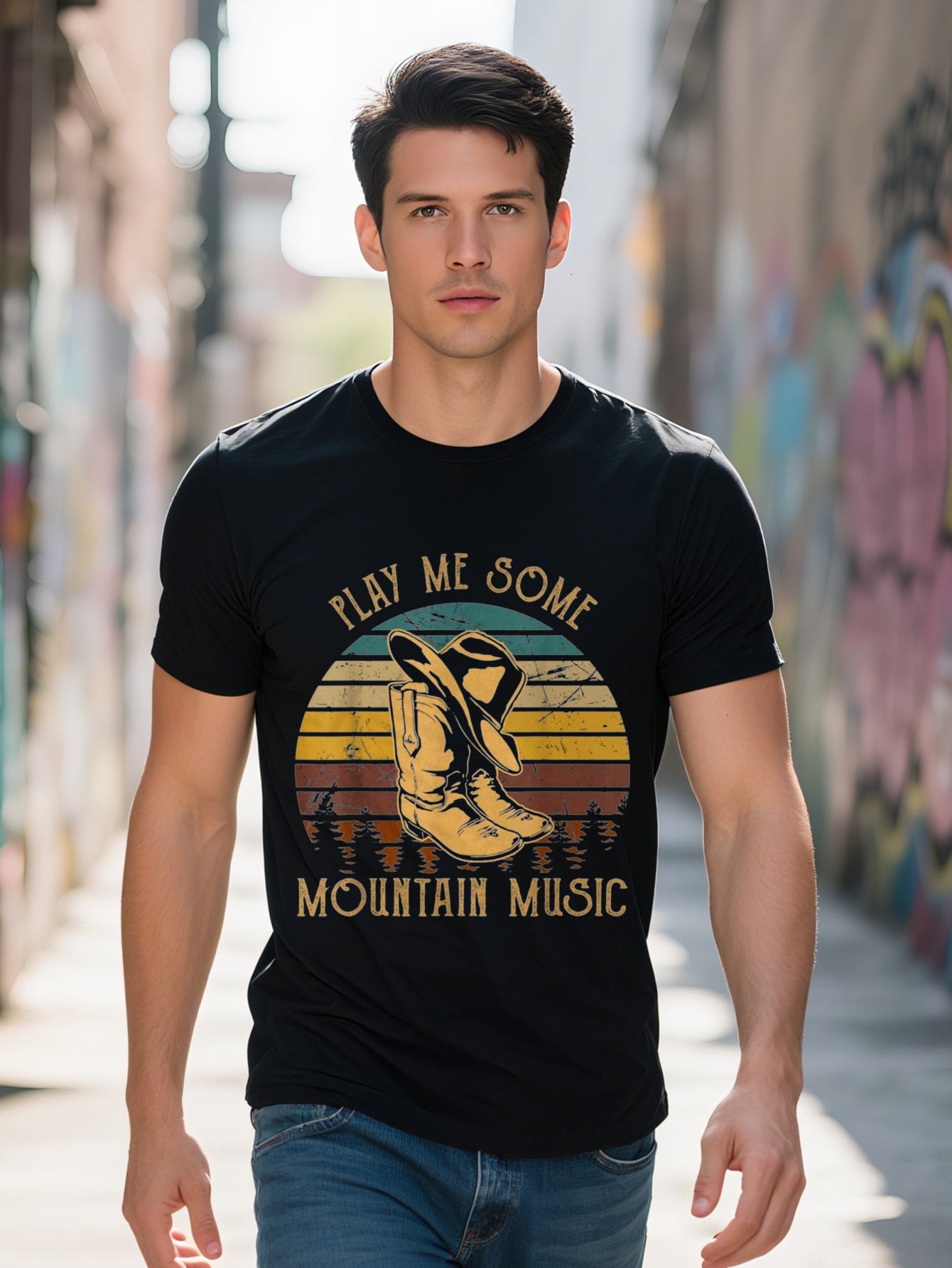 Men's Classic Boots T-Shirt - Play Me Mountain Music, 100% Cotton, Short Sleeve, Casual Western Style, Black Colorful Stripes and Cowboy Pattern,