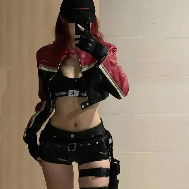 Short Motorcycle Leather Jacket Black and Red Stitching Long Sleeved with Retro Stripes Women Vintage Racing Coat 250731