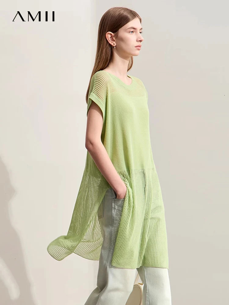 Amii Minimalism Spring Hollow Out Wool Knit Sweater For Women Loose Round Neck Long High Open Fork Female Tops 12442298 250731