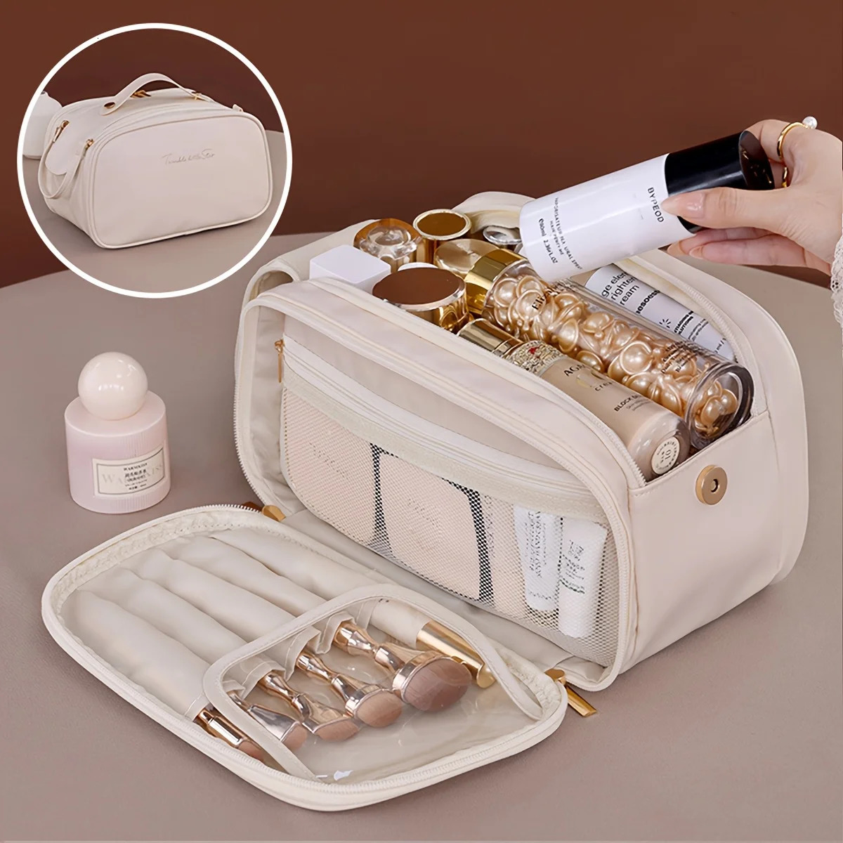 Multifunctional Makeup Bag For Women PU Leather Large Capacity Portable Double Zipper Travel Makeup Brush Toiletries Storage Bag 250731