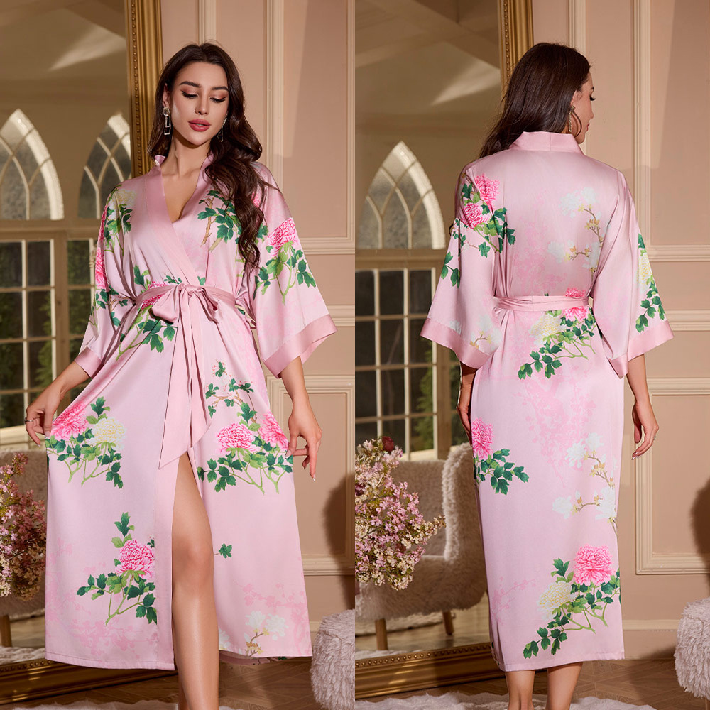 Light luxury women's clothing, long-sleeved ice silk pajamas women's spring and autumn dressing gowns V-neck loose home clothes