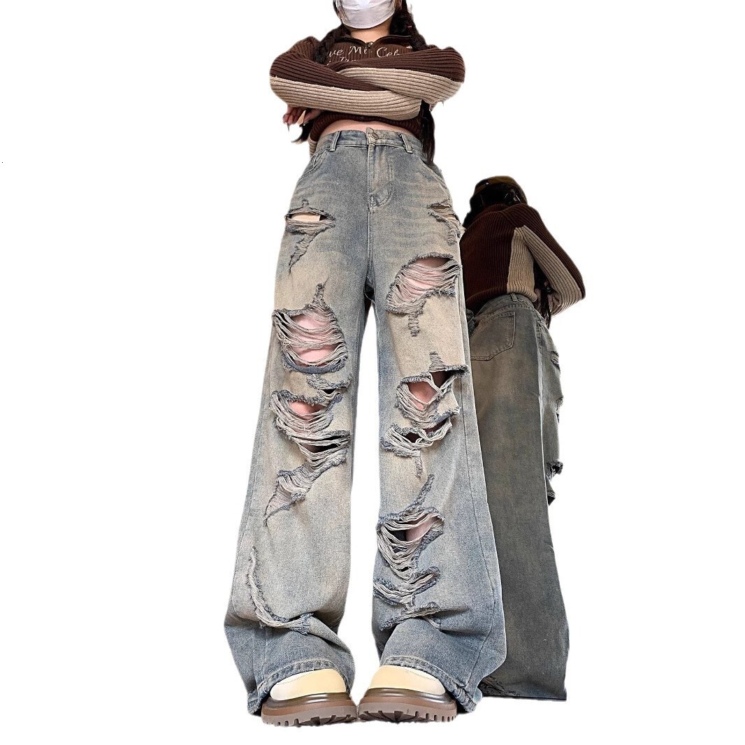 2025 Summer New Wilderness Style Ragged, niche fashion, retro beggar floor pants, designer jeans, designer pants, women's jeans