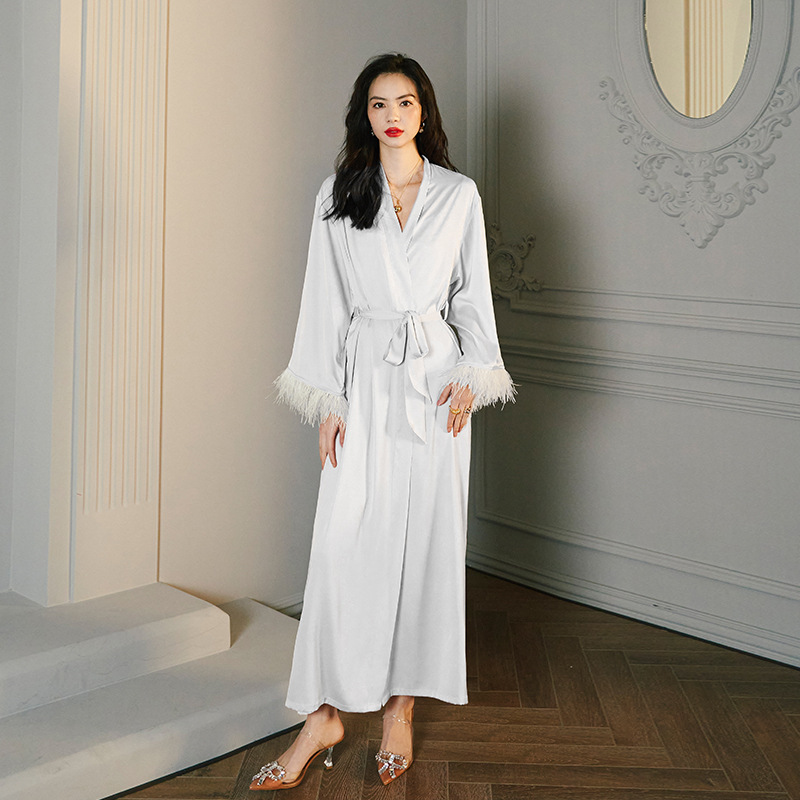 Women's long-sleeved satin ice silk pajamas with feather-trimmed nightgown, camisole long pants and homewear set