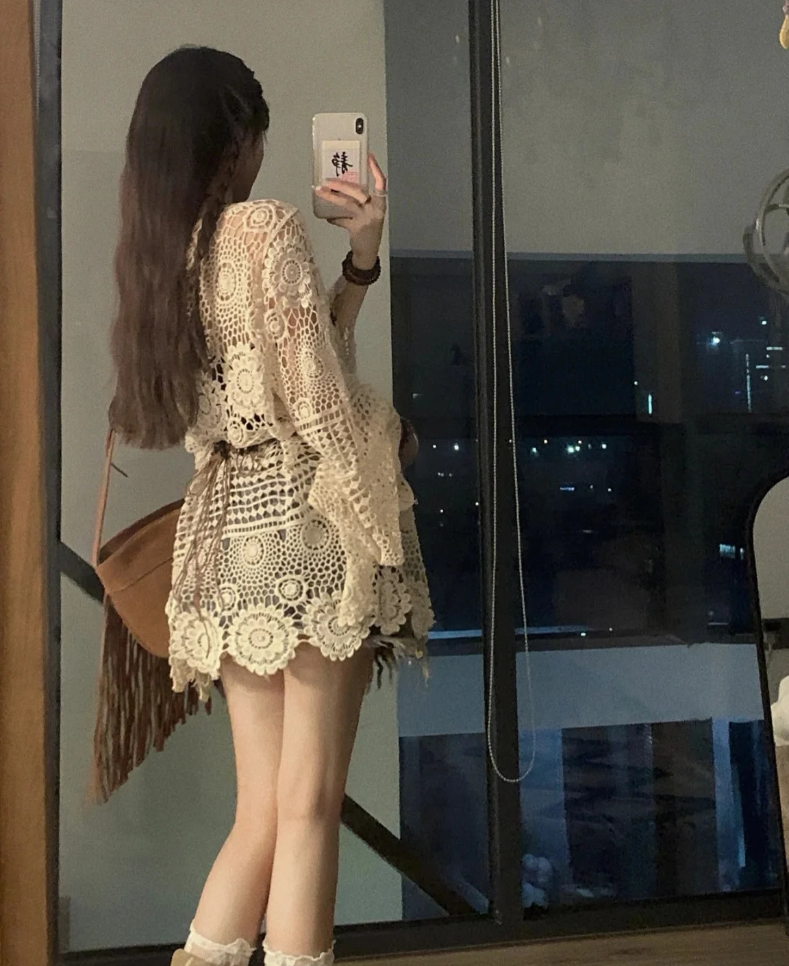 Crochet Tunic Top Boho Women Summer Beach Wear Lantern Sleeve Tassel VNeck Open Knit 250731