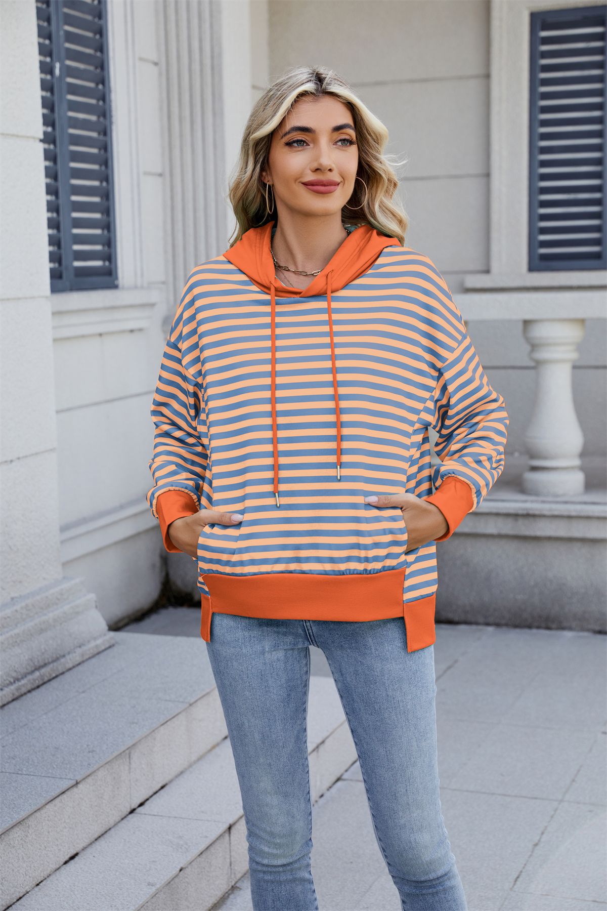 Women's loose striped sweater, irregular color matching blouse